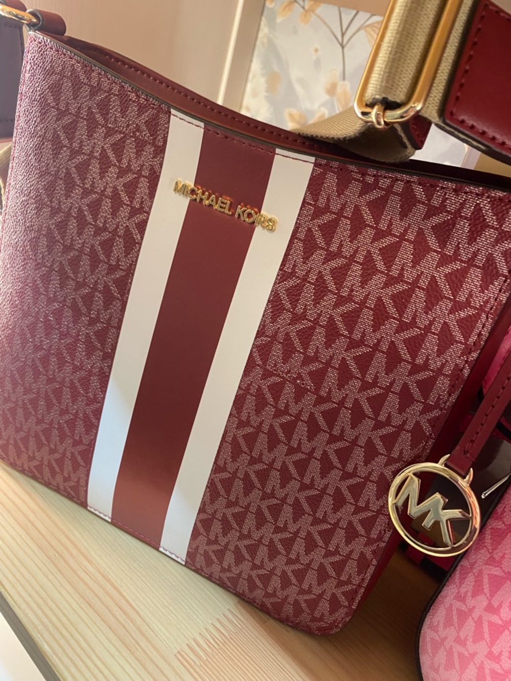 Michael Kors Jet Set Women Small Signature Logo Stripe Crossbody Bag Cherry Red